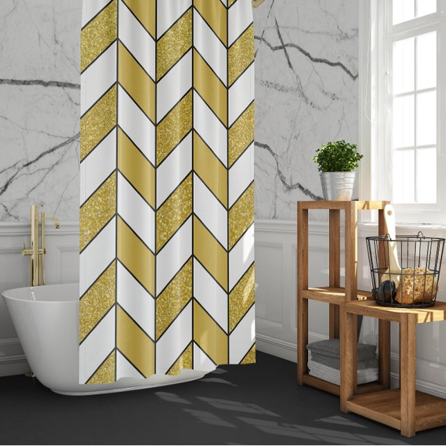 Modern Gold Glitter Herringbone Chevron Pattern Shower Curtain (Creator Uploaded)