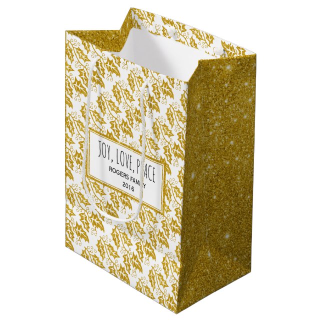Modern gold glitter holly berry Christmas holiday Medium Gift Bag (Front Angled)