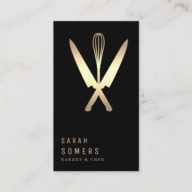 Modern Gold Glitter Knife & Whisk Bakery Business Card (Front)