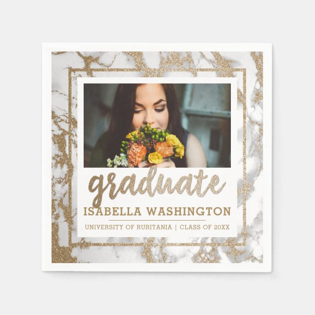 Modern Gold Glitter & Marble Photo Graduate Napkin (Front)
