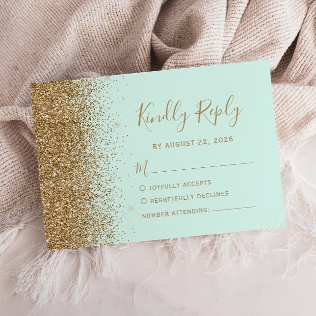 Modern Gold Glitter Mint Green Wedding RSVP Card (Creator Uploaded)