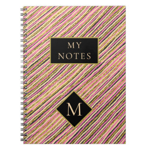 Modern Gold Glitter Monogram Stripes Notebook
