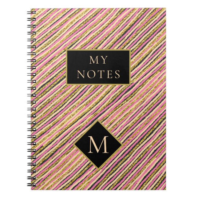 Modern Gold Glitter Monogram Stripes Notebook (Front)