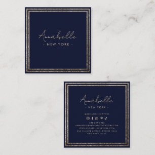 Modern Gold Glitter & Navy Blue Frame Minimal Square Business Card