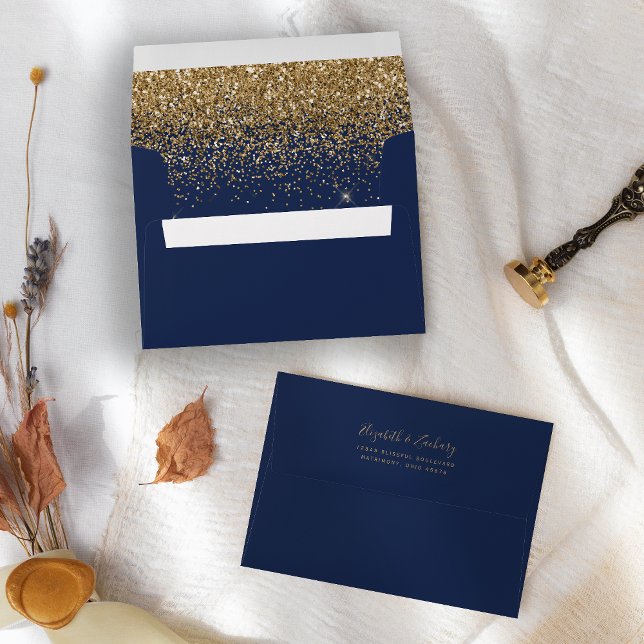 Modern Gold Glitter Navy Blue Wedding Envelope (Creator Uploaded)