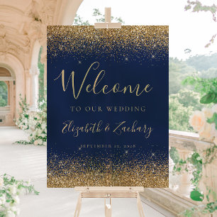 Modern Gold Glitter Navy Blue Wedding Welcome Acrylic Sign