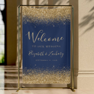 Modern Gold Glitter Navy Blue Wedding Welcome Banner