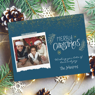Modern Gold Glitter Navy Merry Christmas Photo Holiday Card