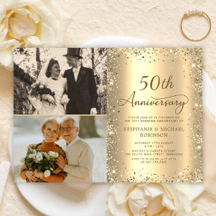 Modern Gold Glitter Photo 50th Wedding Anniversary Invitation
