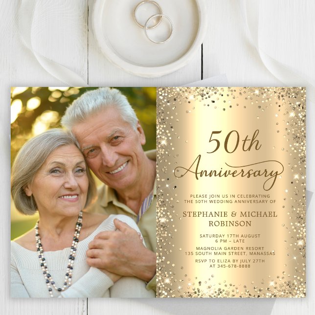 Modern Gold Glitter Photo 50th Wedding Anniversary Invitation (Creator Uploaded)