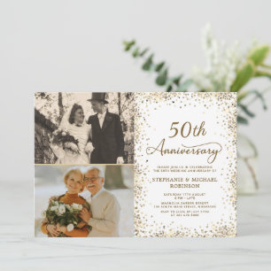 Modern Gold Glitter Photo 50th Wedding Anniversary Invitation