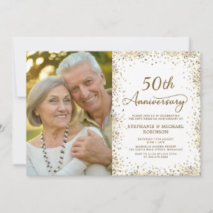 Modern Gold Glitter Photo 50th Wedding Anniversary Invitation