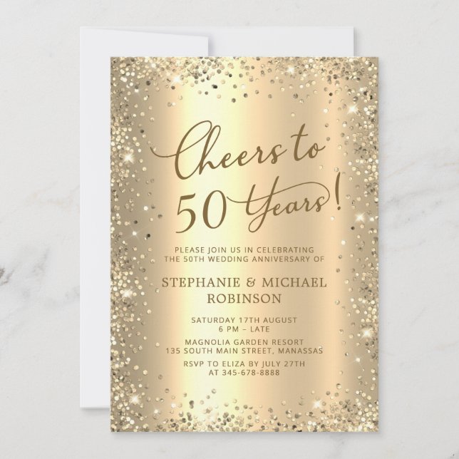 Modern Gold Glitter Photo 50th Wedding Anniversary Invitation (Front)