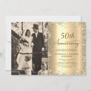 Modern Gold Glitter Photo 50th Wedding Anniversary Invitation