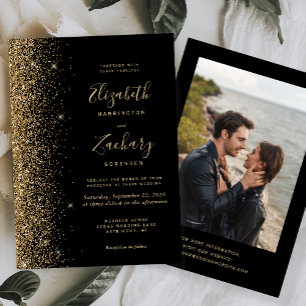 Modern Gold Glitter Photo Black Wedding Invitation