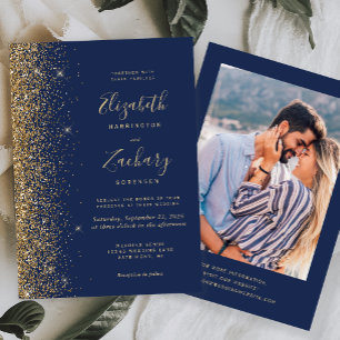 Modern Gold Glitter Photo Navy Blue Wedding Invitation
