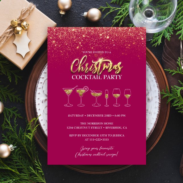 Modern Gold Glitter Pink Christmas Cocktail Party Invitation (Creator Uploaded)