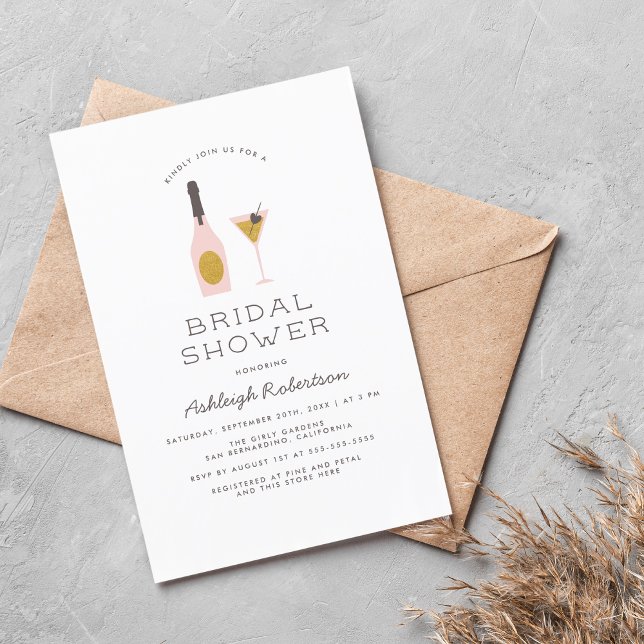 Modern Gold Glitter & Pink Cocktails Bridal Shower Invitation Postcard (Creator Uploaded)