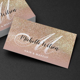 Modern Gold Glitter Pink Monogram Beauty Salon Business Card