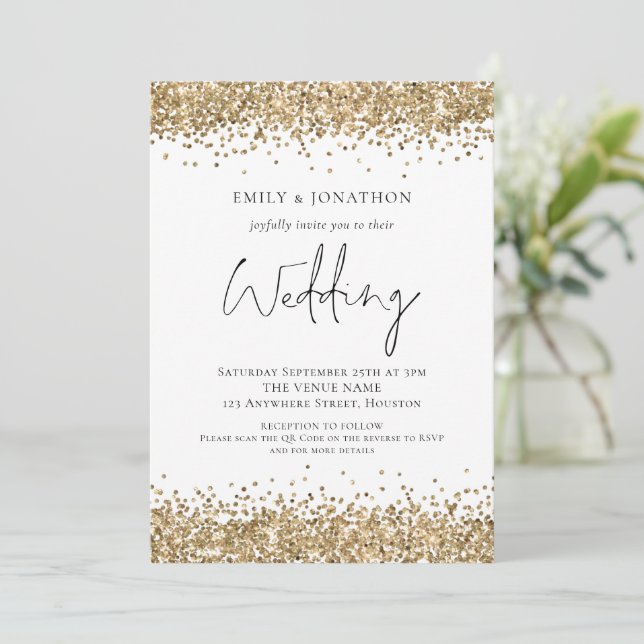 Modern Gold Glitter QR Code Wedding Invitation (Standing Front)