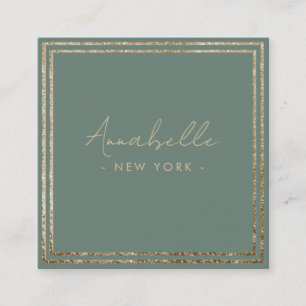 Modern Gold Glitter & Sage Green Frame Minimal Square Business Card