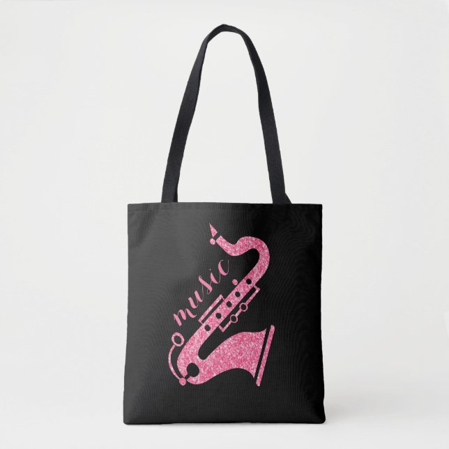 Modern Gold Glitter Saxophone Music Text Design Tote Bag (Front)