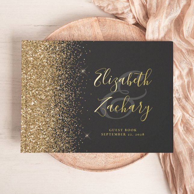 Modern Gold Glitter Script Dark Guest Book (Creator Uploaded)