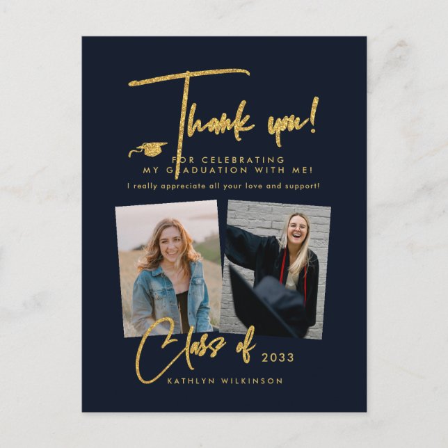 Modern Gold Glitter Script Graduation Thank You Postcard (Front)