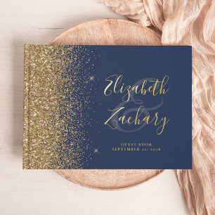 Modern Gold Glitter Script Navy Blue Guest Book