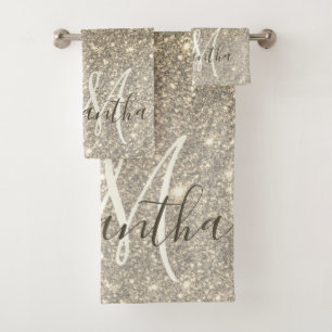 Modern Gold Glitter Sparkles Personalised Name Bath Towel Set