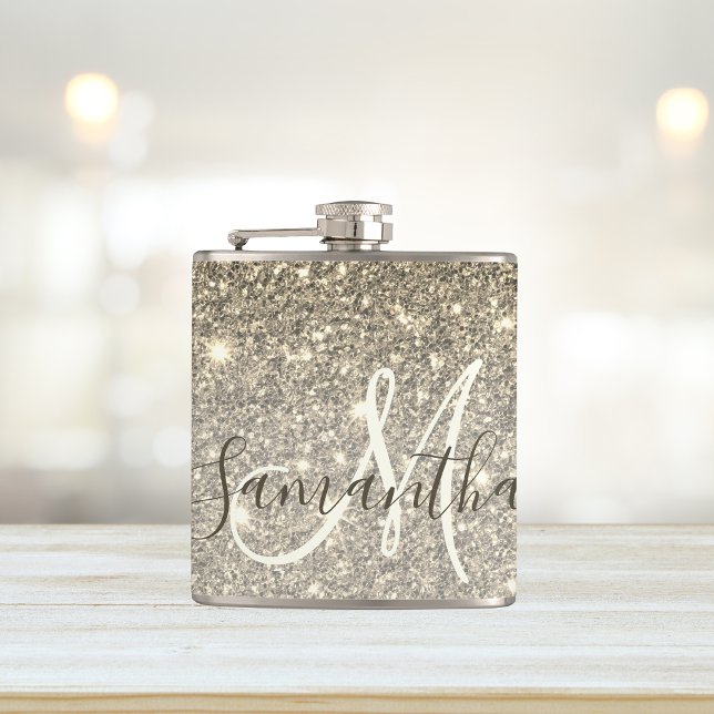Modern Gold Glitter Sparkles Personalised Name Hip Flask (Creator Uploaded)