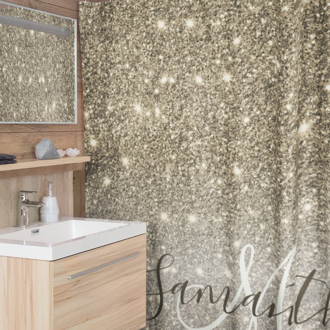 Modern Gold Glitter Sparkles Personalised Name Shower Curtain (Creator Uploaded)
