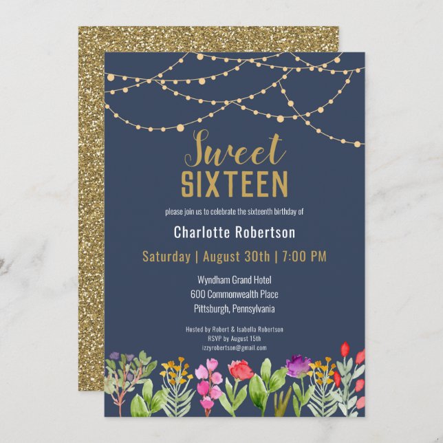 Modern Gold Glitter Sweet 16 Birthday Invitation (Front/Back)