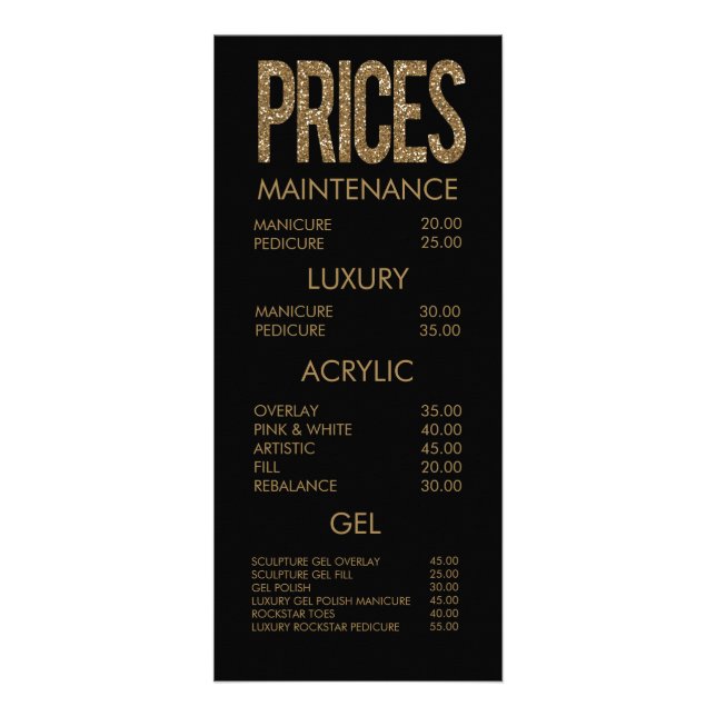 Modern Gold Glitter Typography Salon Menu Cards (Front)
