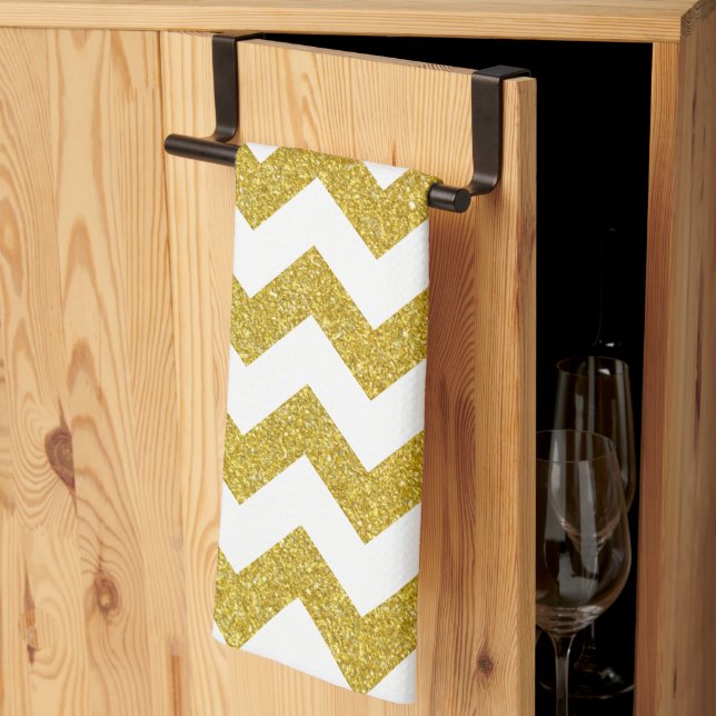 Modern Gold Glitter White Chevron Tea Towel (Thirds Fold)