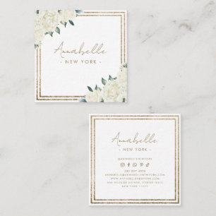 Modern Gold Glitter & White Florals Frame Minimal Square Business Card