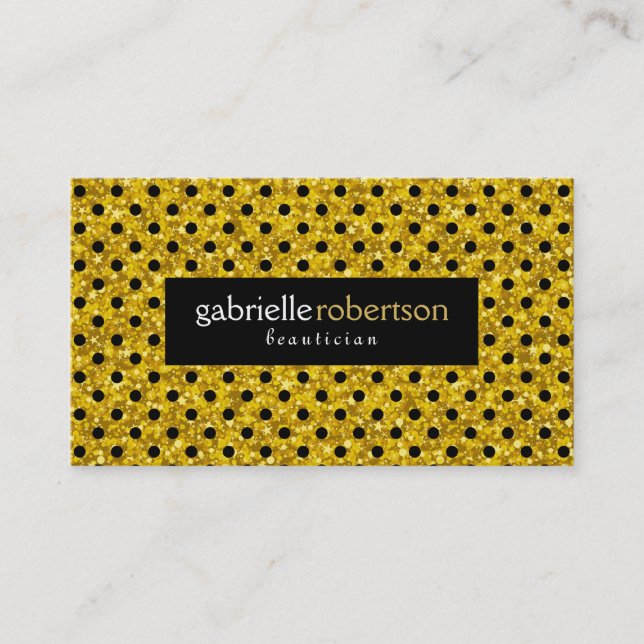 Modern Gold Glitter With Black Polkadots Pattern Business Card (Front)