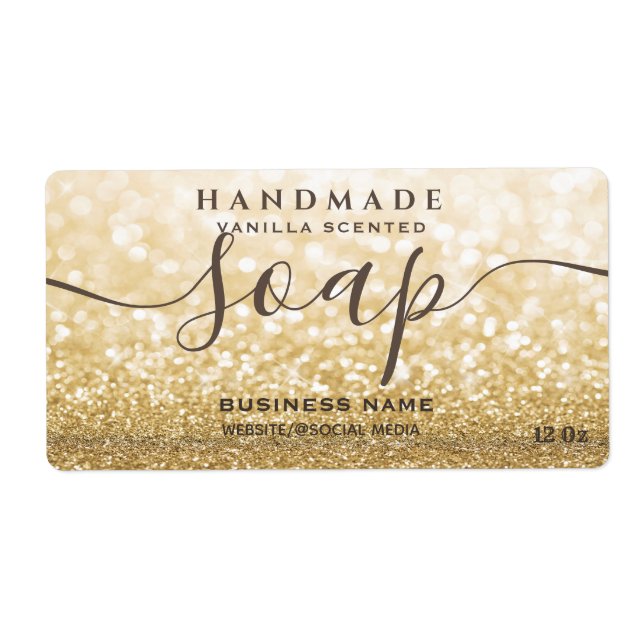 Modern  gold glittery sparkle script soap label (Front)