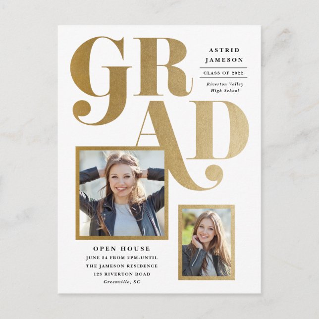Modern Gold Grad 2 Photo Graduation Party Postcard (Front)