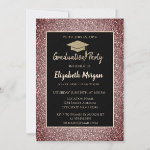  Modern Gold Grad Cap Rose Gold Glitter  Invitation