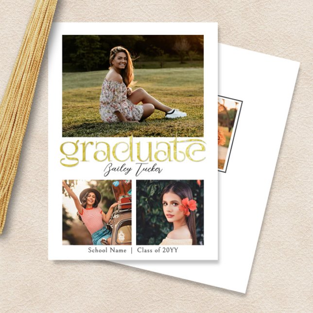 Modern Gold Graduate 4-Photo Collage Graduation Announcement (Creator Uploaded)