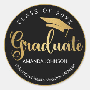 Modern Gold Graduate Class of 2024 Black Classic Round Sticker