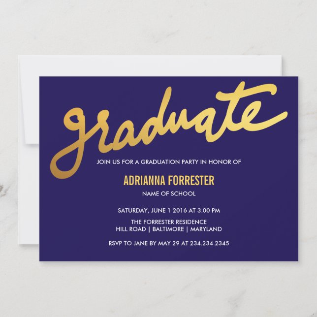 Modern Gold Graduate Typography Navy Blue Chevron Invitation (Front)