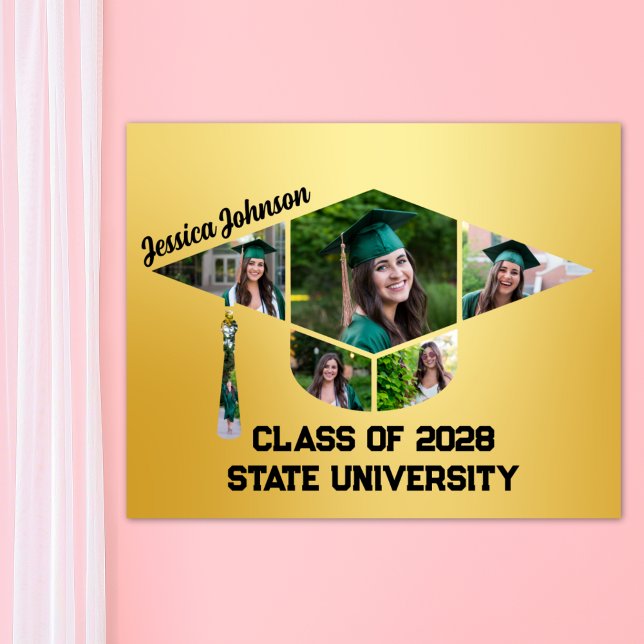 Modern Gold Graduation Cap Shape Photo Collage Poster (Gold Graduation Cap Photo Collage Poster)