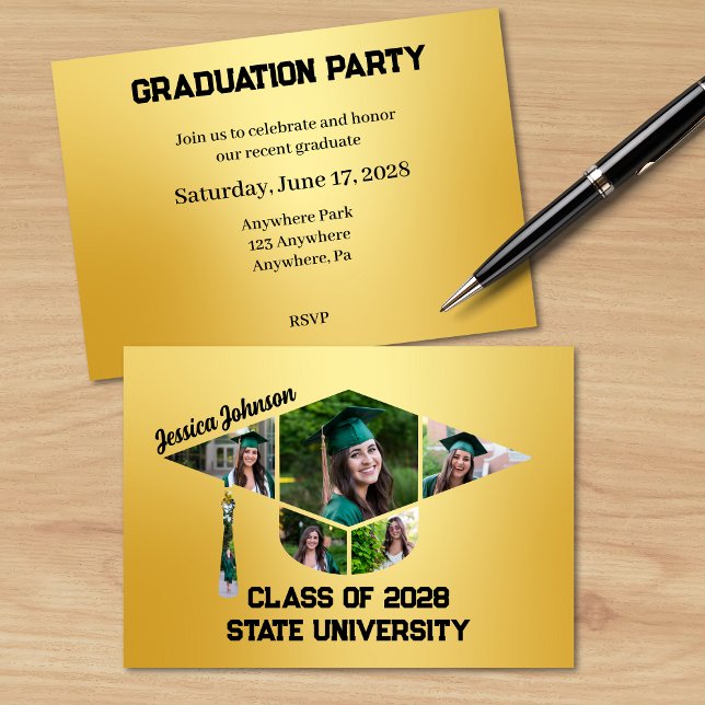 Modern Gold Graduation Shape Photo Collage Party Invitation (Matching Gold Graduation Shape Photo Collage Party Invitation)