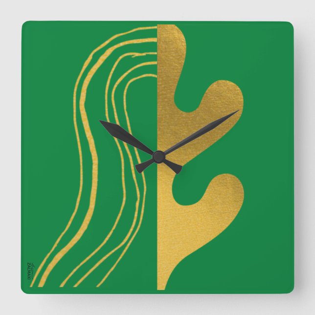 Modern Gold Green Abstract Leaf Square Wall Clock (Front)