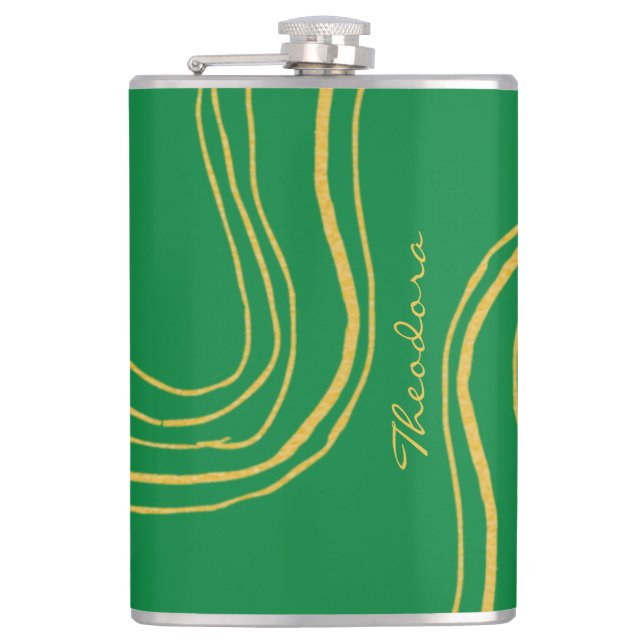 Modern Gold Green Abstract Pattern Hip Flask (Front)