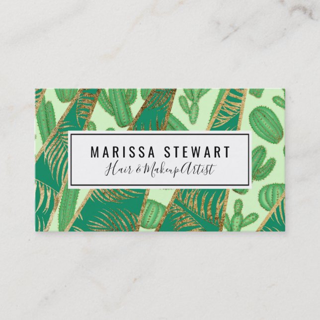 Modern Gold Green Cactus Palm Leaf Geometric Business Card (Front)