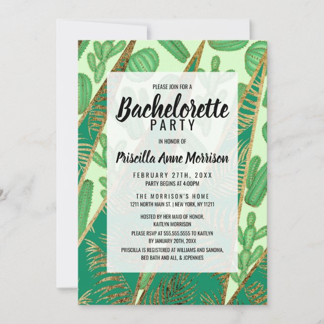 Modern Gold Green Cactus Palm Leaf Geometric Invitation (Front)