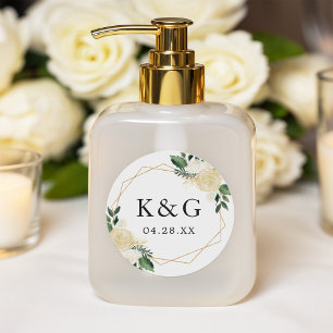 Modern Gold Green Floral Wedding Date Monogram Classic Round Sticker